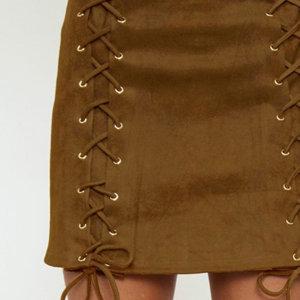 Luxe Vegan Suede Camel Lace up Mini Skirt - Picture 3 of 3